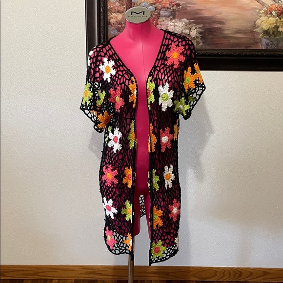 BiBi Floral Black Crochet Cardigan Cover Up Size Large Flowers Pink Orange Green - Picture 1 of 10